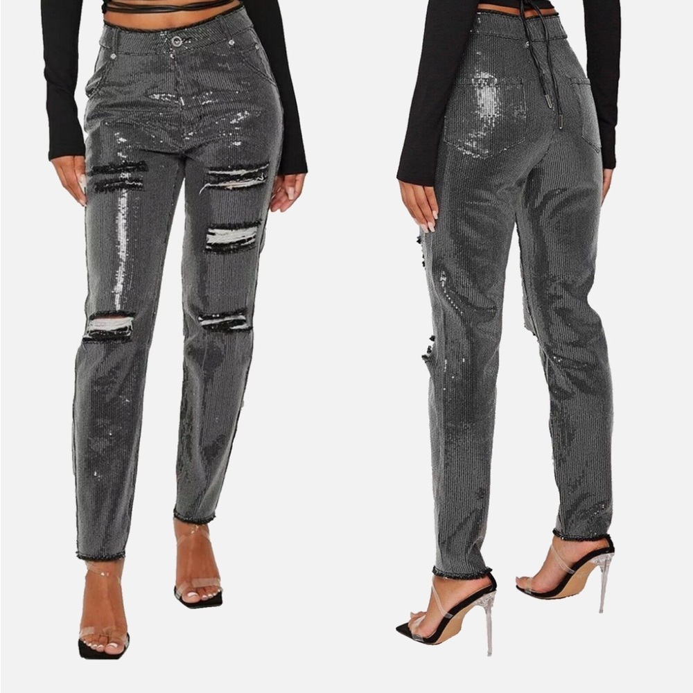 Maniere De Voir Silver Sequin Straight Leg Jeans